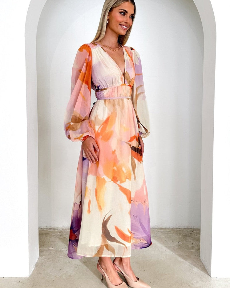 BARONA - Chic Multicolor Long Sleeve Maxi Dress