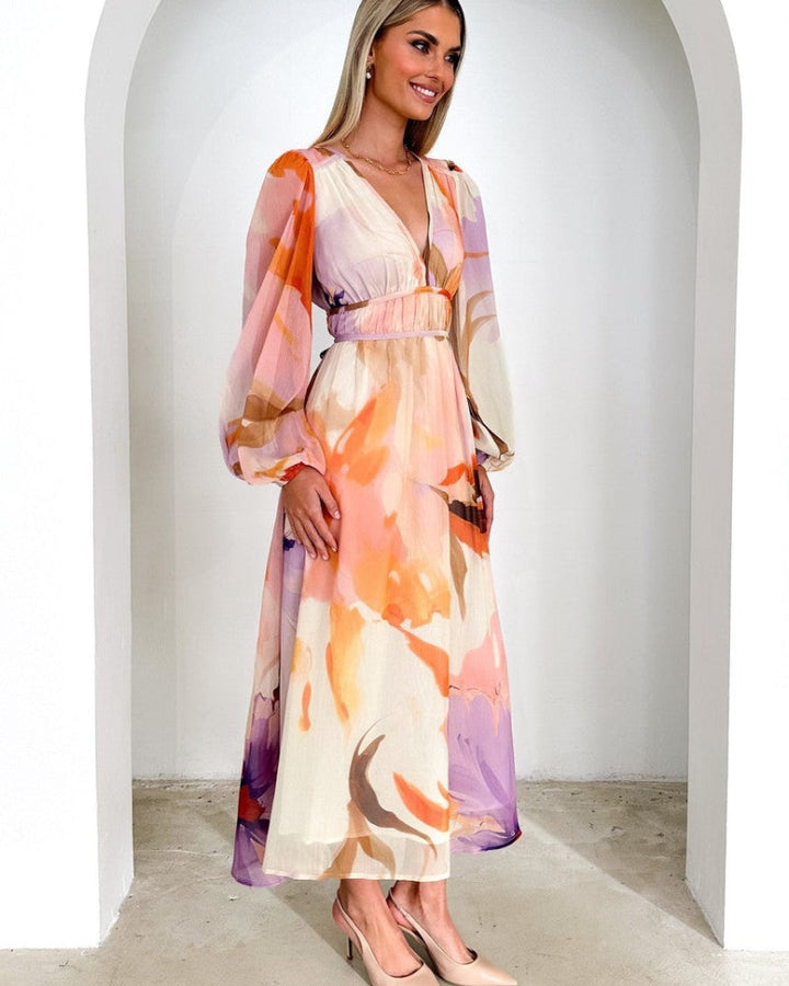 BARONA - Chic Multicolor Long Sleeve Maxi Dress