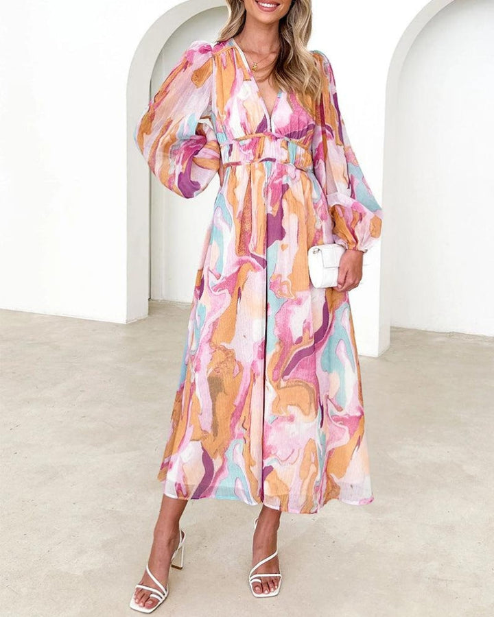BARONA - Chic Multicolor Long Sleeve Maxi Dress