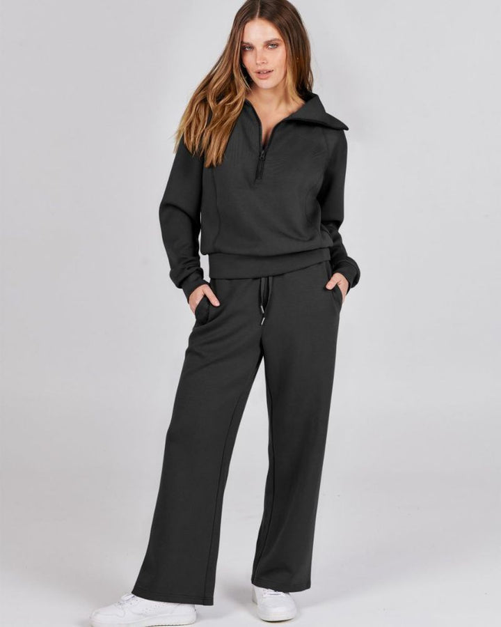 BAENA - Half Zip Sweatshirt + Wide Leg Sweatpant Set